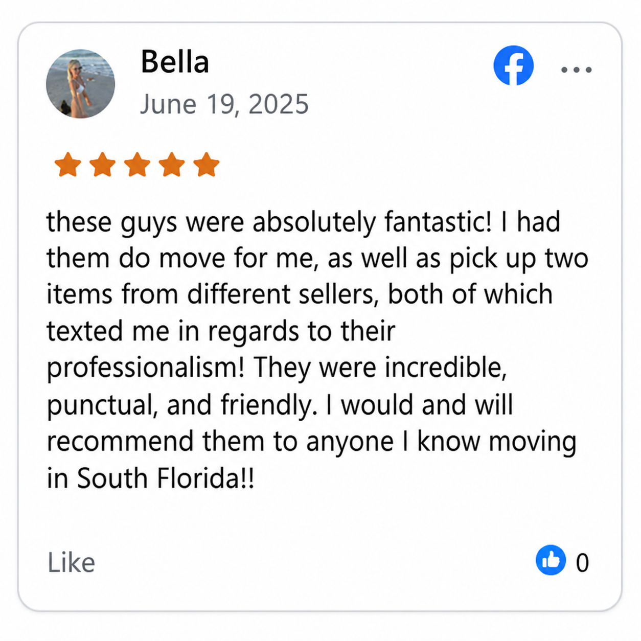 Facebook review screenshot from Bella