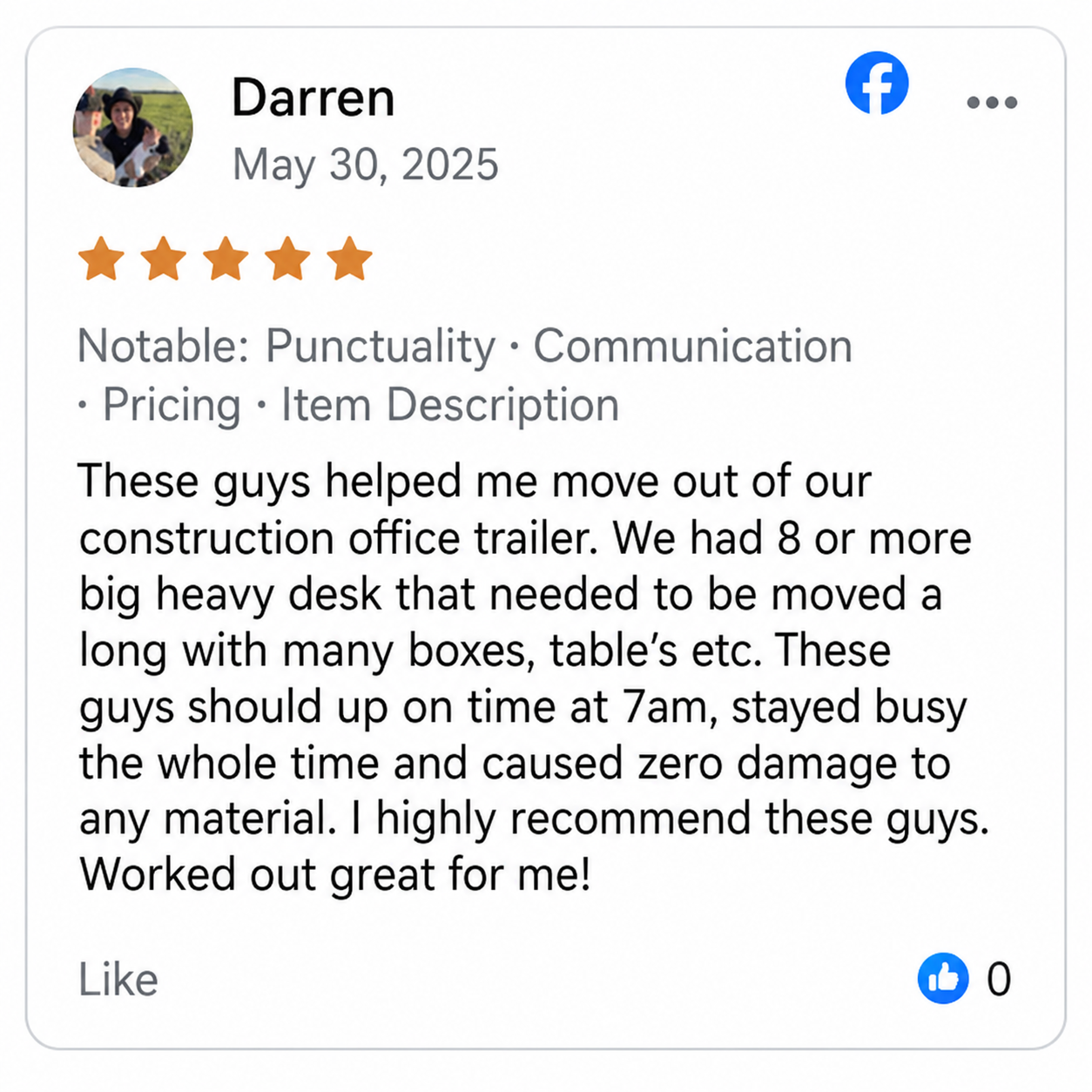 Facebook review screenshot from Darren