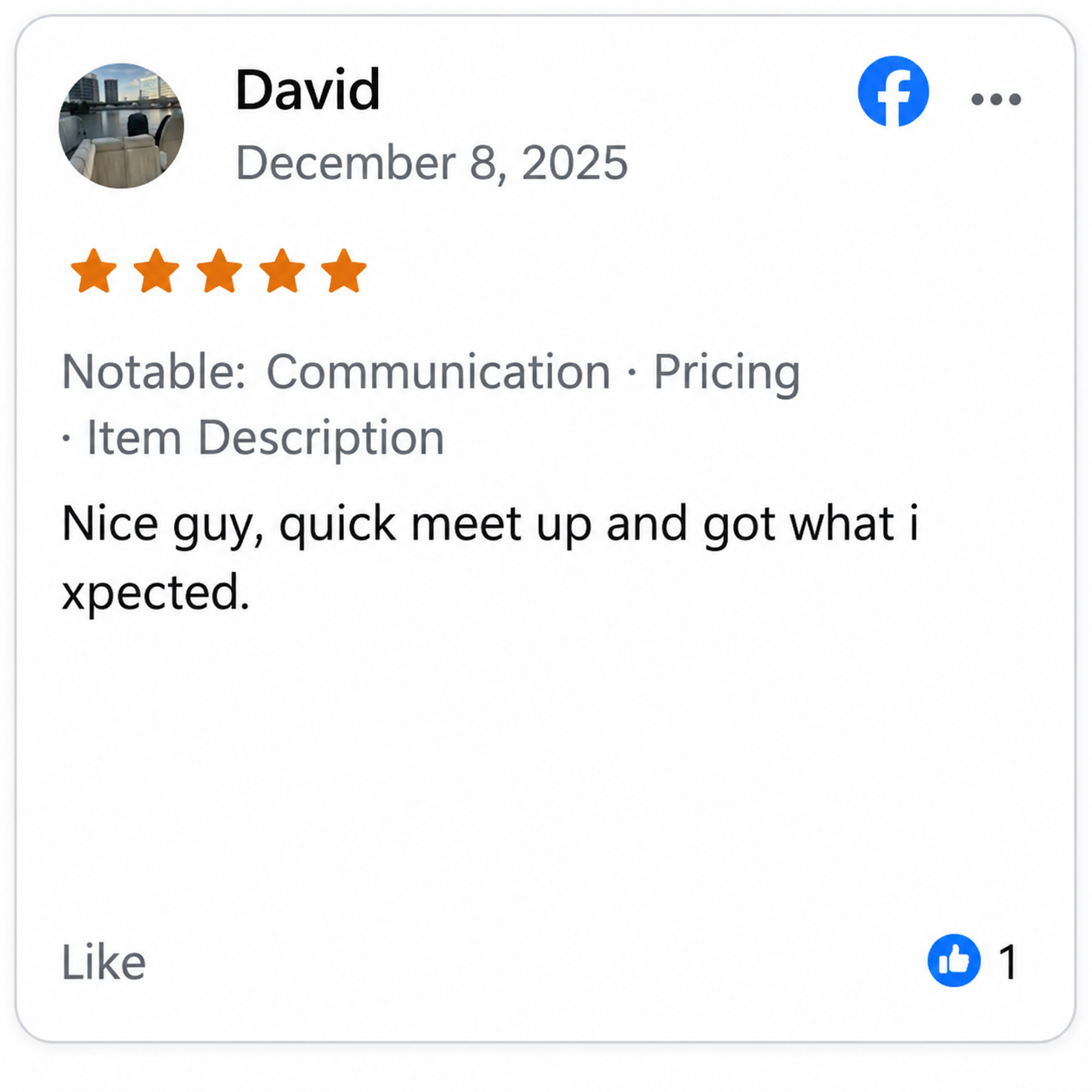 Facebook review screenshot from David