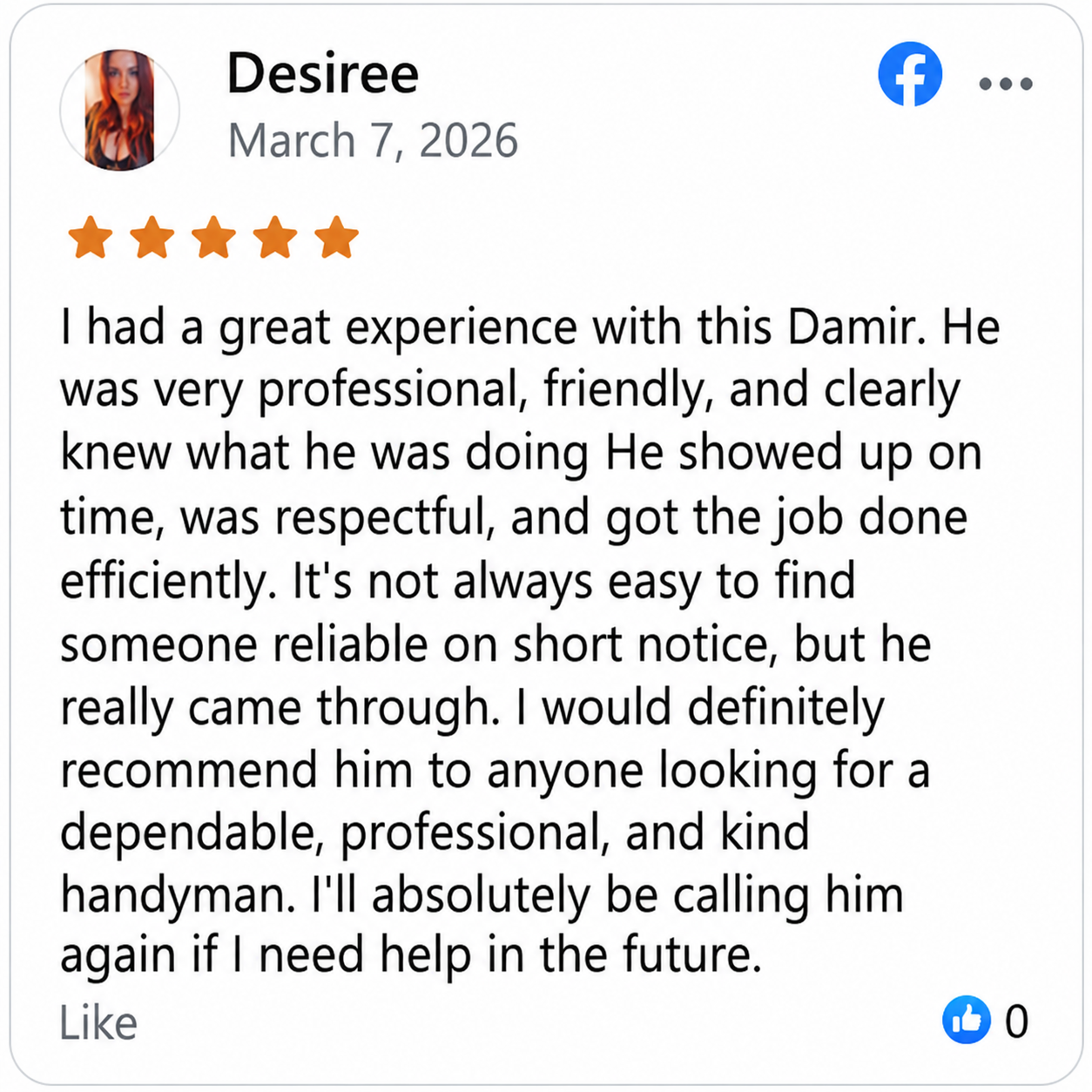 Facebook review screenshot from Desiree