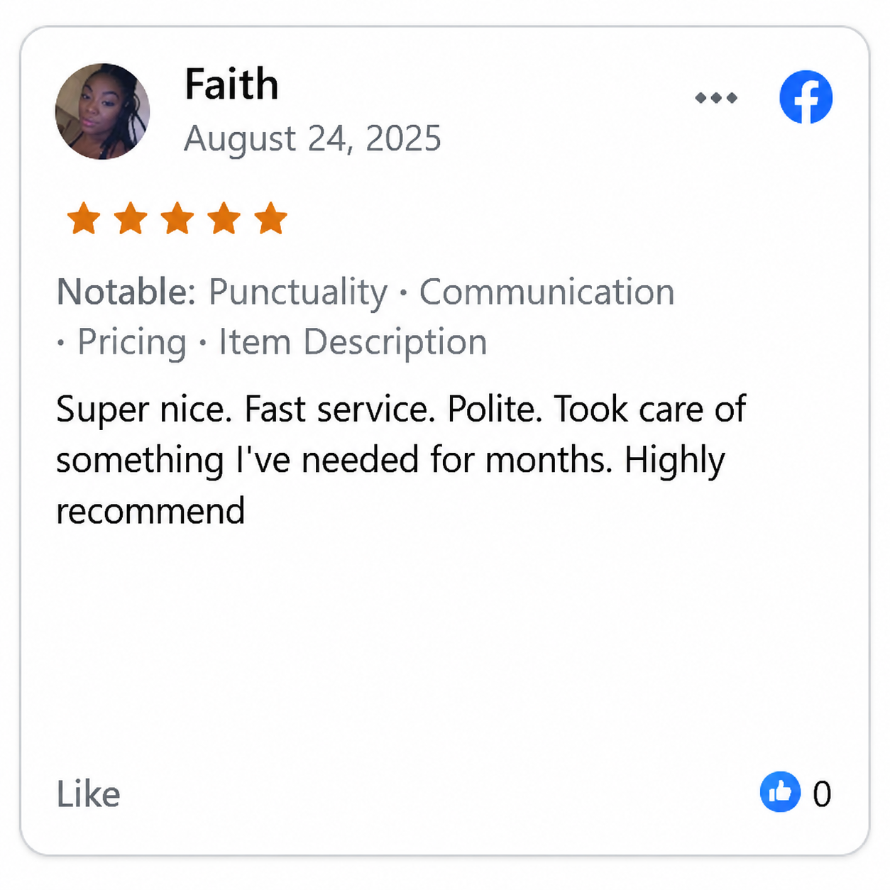 Facebook review screenshot from Faith