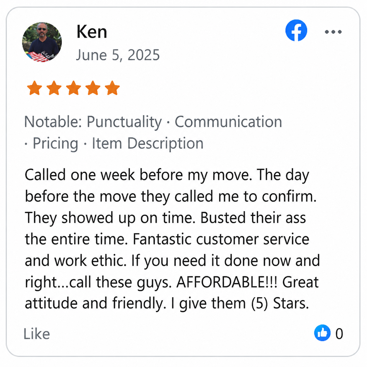 Facebook review screenshot from Ken