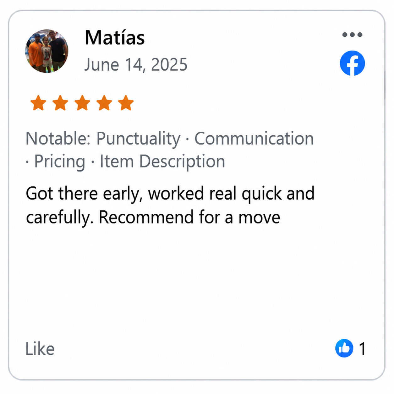 Facebook review screenshot from Matias