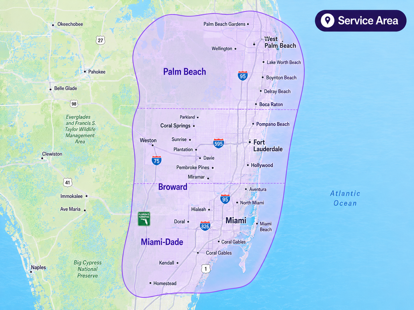 Service area map for Miami-Dade, Broward and Palm Beach counties